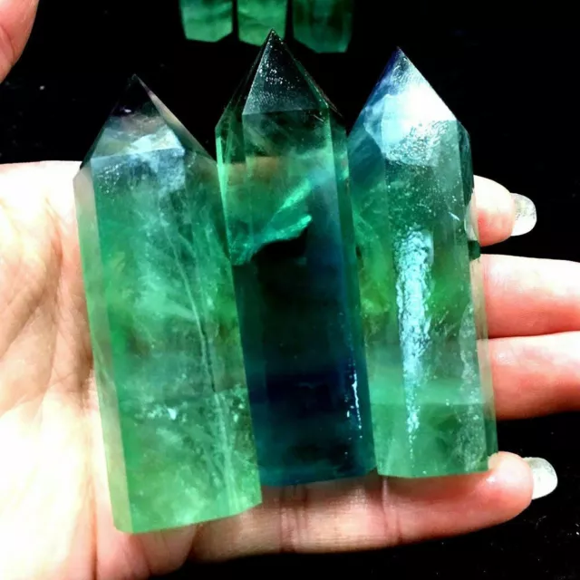 Healing Green Fluorite Quartz Crystal Natural Stone Tower Point Hexagonal Wand