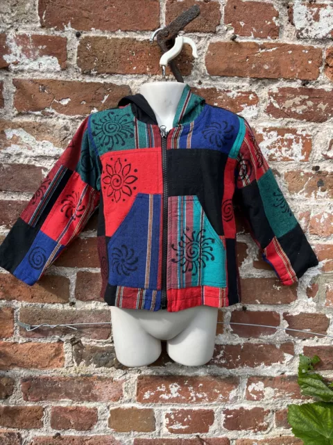 Felpa con cappuccio/giacca in cotone patchwork cappotto hippie/boho/festival 3-4 anni