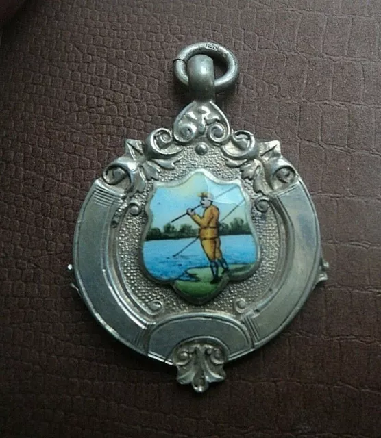 Attractive Stg. Silver & Enamel Fishing / Angling Fob Medal h/m 1933 Fisherman
