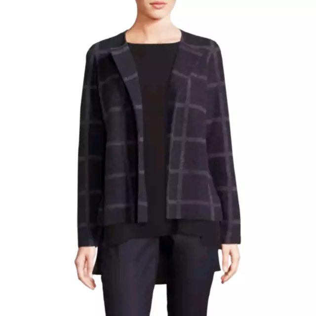 EILEEN FISHER L Gray Windowpane Checked Felted Merino Sweater Jacket NWT 3