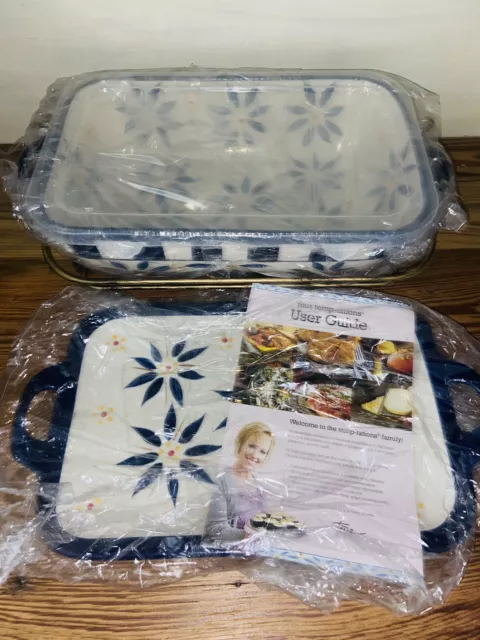 Temptations by Tara Old World Blue 2.5 Qt Baking Dish Cover, Serving Tray & Rack