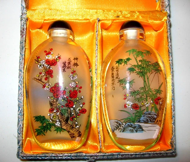 CHINESE REVERSE PAINTED SNUFF BOTTLES - Blossoms, Bamboo - Pristine
