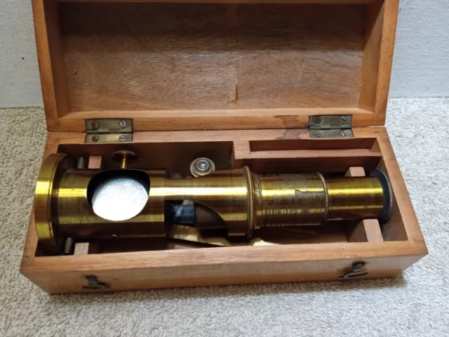 Antique Brass French Drum Microscope 6" In Original Wood Box With Contents L@@K!