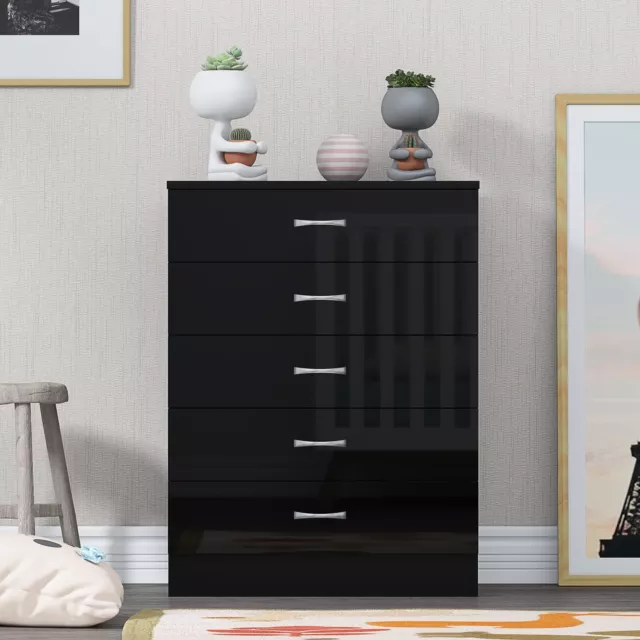 High Gloss Black Chest Of Drawers 5 Drawer Bedroom Furniture Storage Cabinet