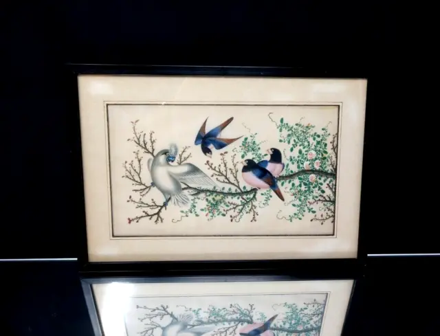 PLAYFUL! 10" x 15" Chinese Bird Study on Pith PAINTING Rice Paper ANTIQUE Qing