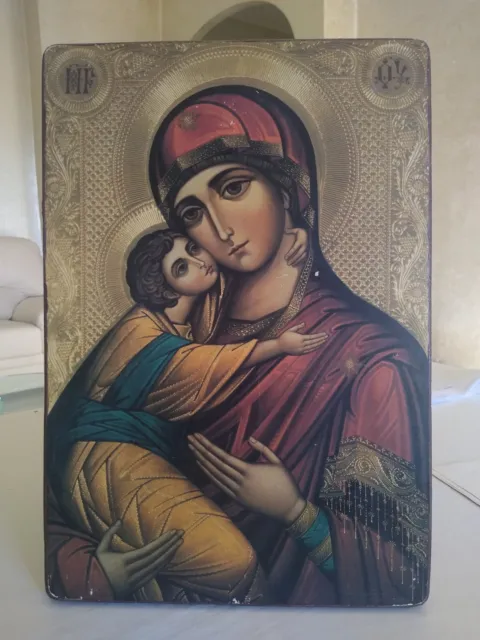 Vecchia Icona Russa Vergine Maria Madonna con Bambino Ortodossa Bizantina 36x25