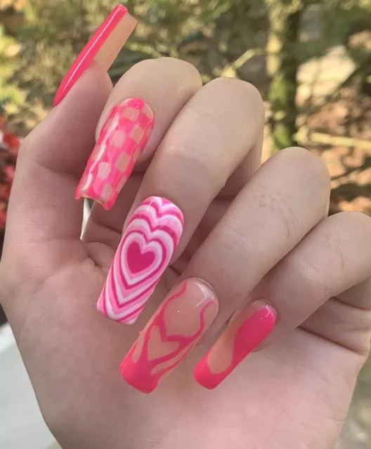 Hot Pink E-Girl Checkerboard Heart Flame Abstract Hand Painted Press On Nails