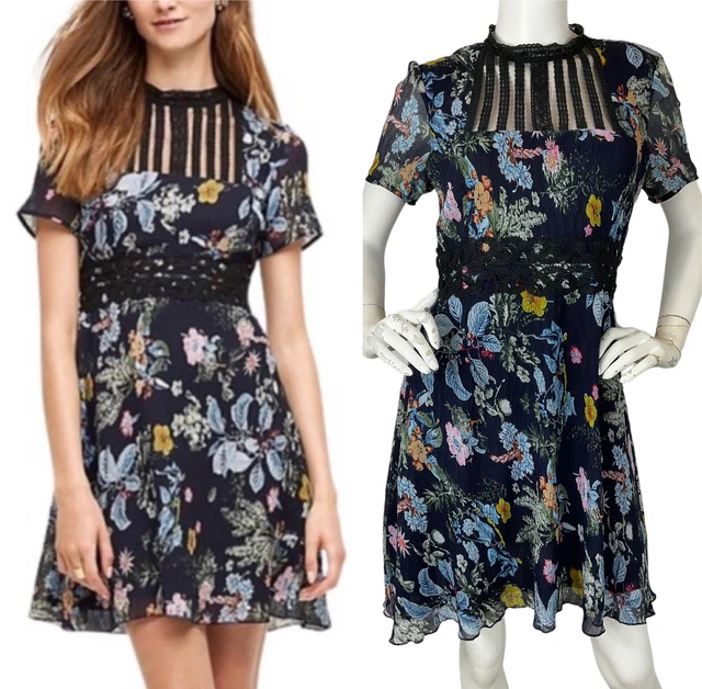Anthropologie Foxiedox Andora Crinkled Crepe Mini Dress Floral Lace Mesh Navy M