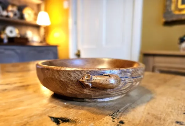 Vintage Robert Mouseman Thompson Hand Carved Oak Nut Bowl With Signature Mouse