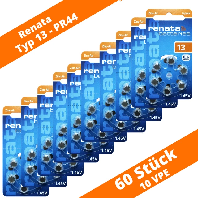 60 pilas de audífonos Renata tipo 13 PR48 naranja 10x 6 blíster 1,45V zinc-aire