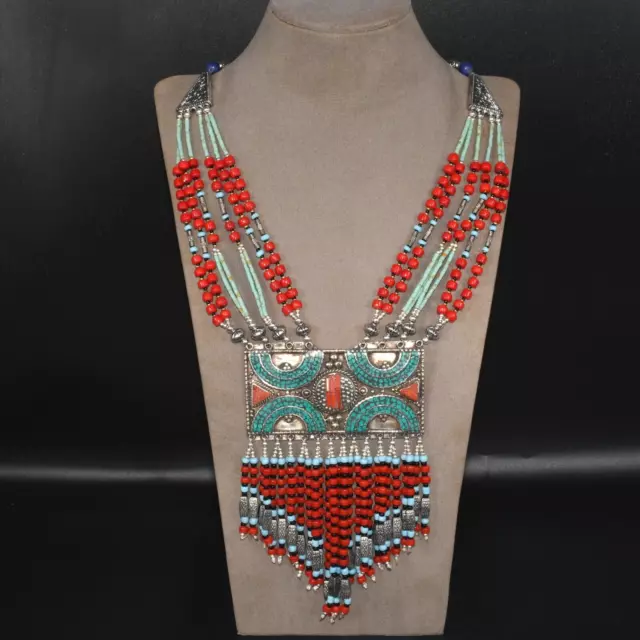 Large Antique  Tibetan Silver Plated Necklace with coral & Turquoise Inlay