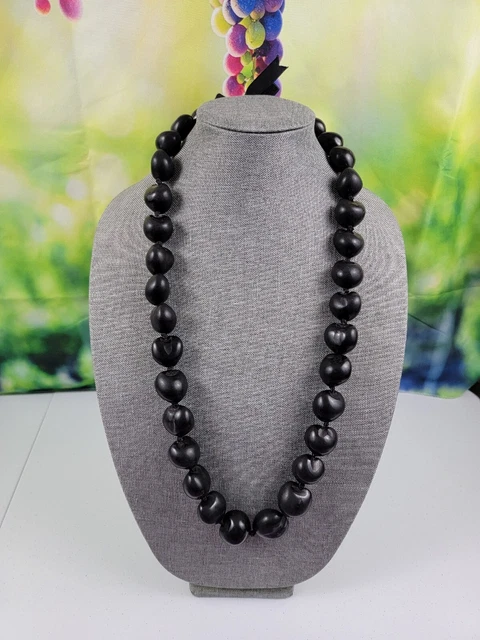 Vintage Black Kukui Nut Bead Necklace Knotted Black Ribbon 30" Graduation Lei