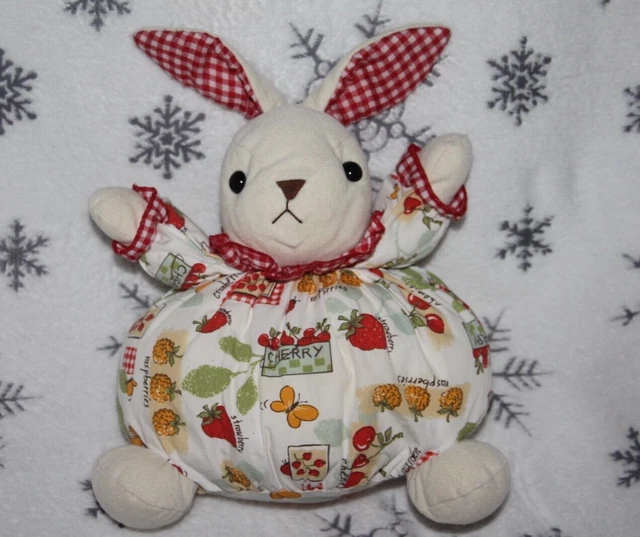Peluche lapin velours rouge, bleu, jaune et blanc Ajena, Vintage destockage soldes