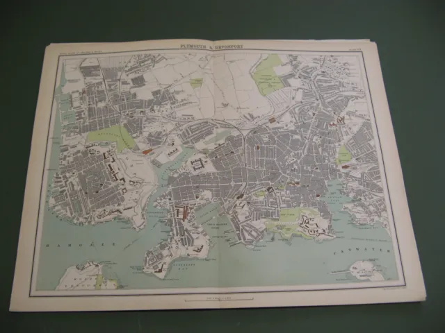 100% Original Large Plymouth Devonport Dockyard  Map By Bartholomew C1890 Vgc