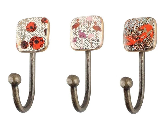 Vintage Style Ceramic Hooks Flower Gold Fish Coat Hooks Cloth Hanger 3 Pcs Set