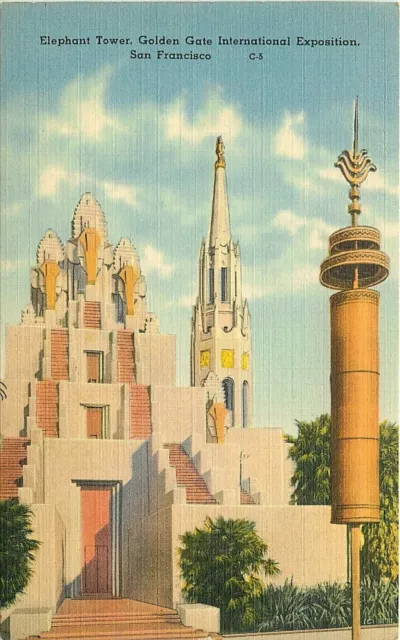 Linen Postcard CA H332 Portals Pacific Elephant Tower Golden Gate Expo Art Deco