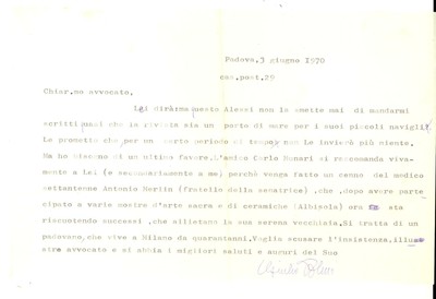 1970 PADOVA Giulio ALESSI chiede di pubblicare la recensione di un amico 