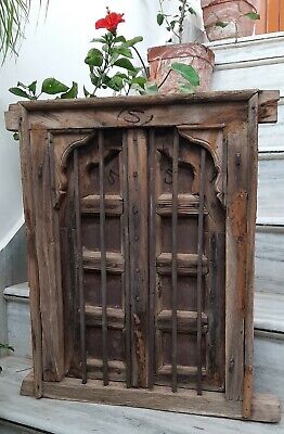 Antique wooden Indian window wall hanging jharokha old frame with iron bars