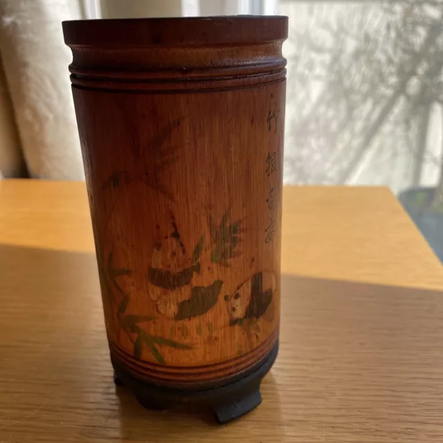 Decorative Vintage Chinese Bamboo Brush Pot with Painted Panda Design 14.5cm H