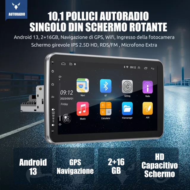 Autoradio 10" 1 DIN Android 13 GPS RDS WIFI USB Ruotabile IPS Schermo Mic Camera 2