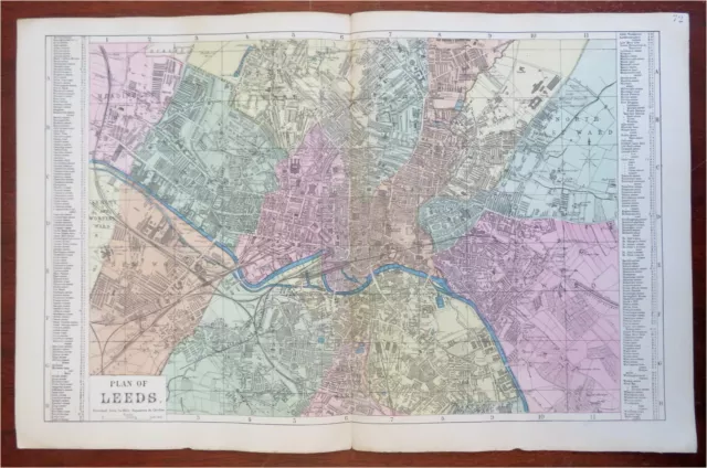 Leeds West Yorkshire England 1881 Edward Weller detailed city plan hand color