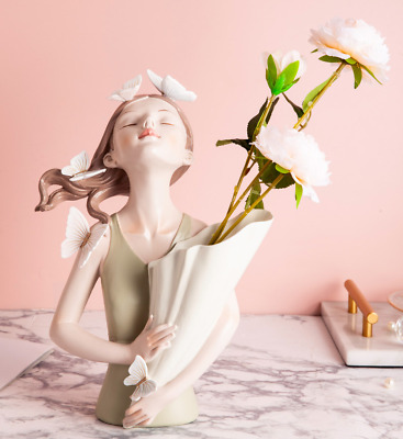 Sweet Flower Girl Butterfly Vase Sculpture Resin Figurine Home Room Decor Fairy