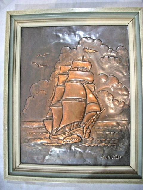 SEGELSCHIFF DREIMASTER KUPFERBILD Reliefbild Bild in Rahmen signiert W