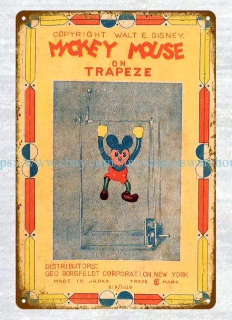 dorm wall art 1930 MICKEY MOUSE TRAPEZE CELLULOID WIND-UP TOY metal tin sign