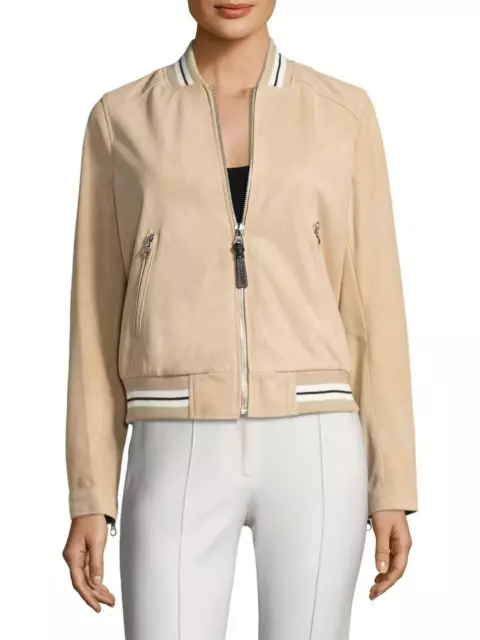 DEREK LAM I0 CROSBY Suede Leather Bomber Jacket In Butter Stripes Size XS $700 3