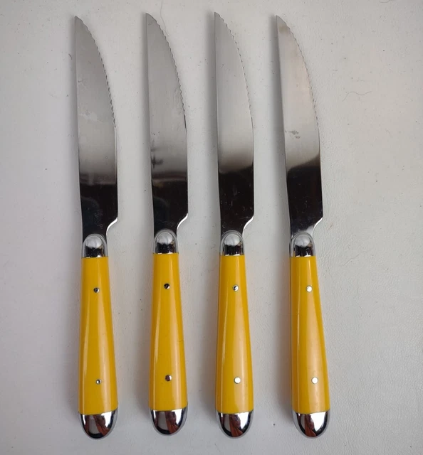 Four Oneida Palette Sunflower Yellow Serrated Steak Knives 8" Long