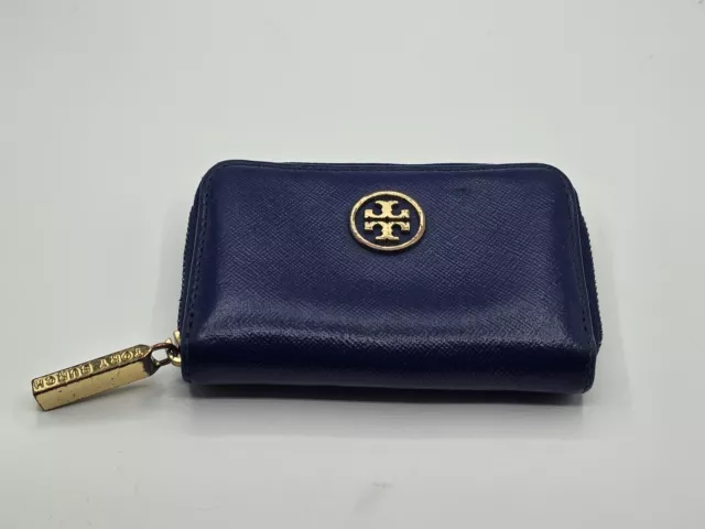 Tory Burch Robinson Coin Case Wallet Dark Blue Textured Leather Zip Around