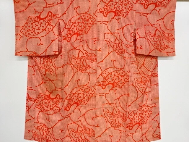39185# Japanese Kimono / Antique Hitoe Juban / Fan With Arabesque
