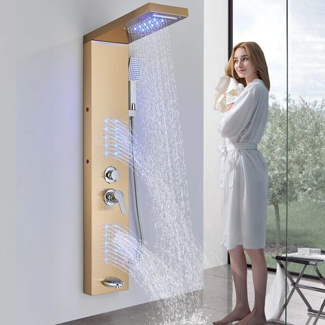 Sistema de torre de panel de ducha LED de acero inoxidable dorado lluvia y cascada lluvia