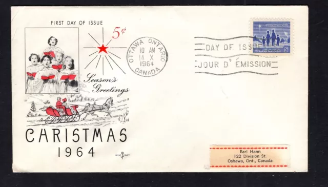 Canada #435  (1964 5c Christmas) FDC  Rosecraft-B cachet addressed - label