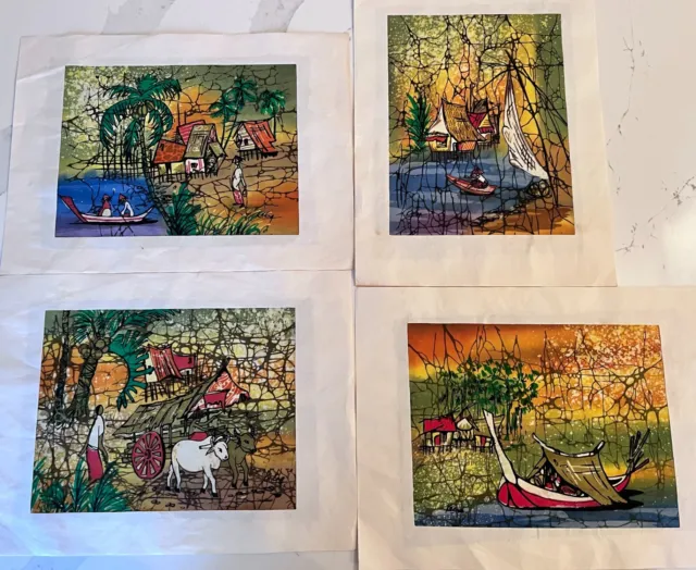 Batik Asian Paintings Set of 4 Signed by HK Eng Wax & Dye Art Indonesian