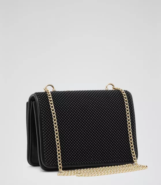 NEW Reiss Savannah Beaded Embellished Clutch Bag Real Leather Black $180