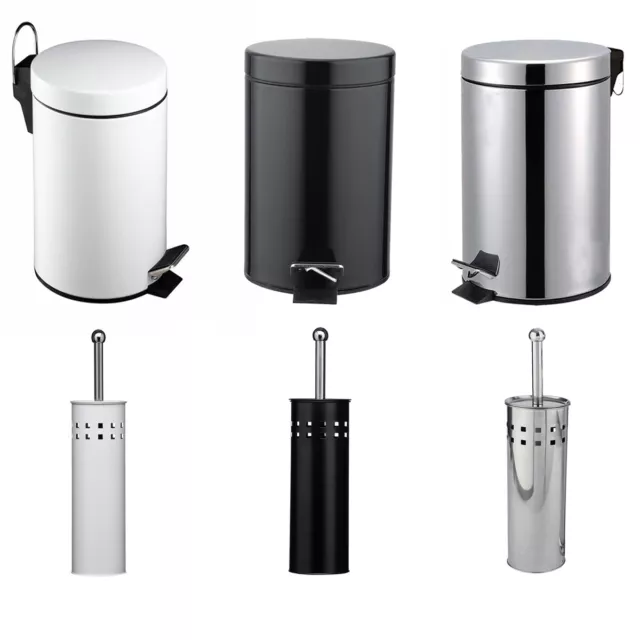 Stainless Steel Bathroom Toilet Brush Holder + 3Ltr Pedal Bin Set Black / White