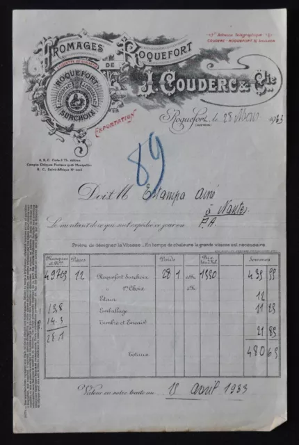 Facture 1933 Fromage de Roquefort COUDERC & Cie fromage étiquette billhead 14