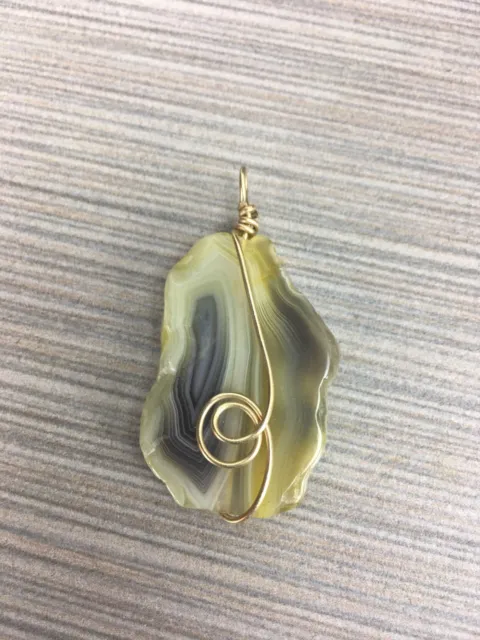 Wire Wrapped Stone Agate Gold Fill Wire Spiral Handmade Statement Pendant
