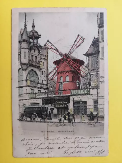 CPA Paillette Glitter PARIS LE MOULIN ROUGE Mill red ATTELAGE AUTOBUS Ouvrier