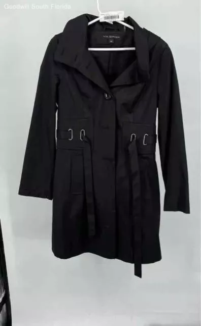 Via Spiga Womens Black Long Sleeve Collared Belted Trench Coat Size M