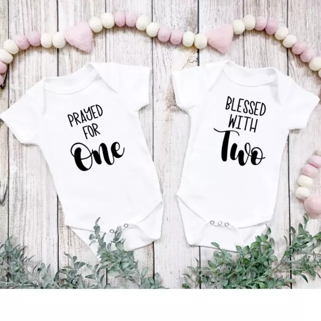 Twins Baby Pregnancy announcement bodysuit, Prayed for One, Blessed with Two