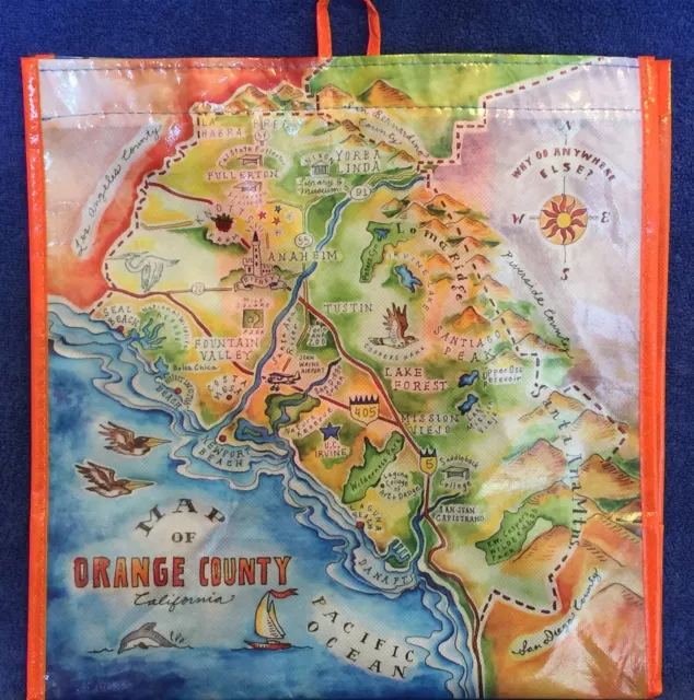 Map of Orange County California Reusable Plastic Bag - Orange Handles & Border -