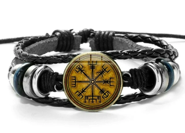 Leather Vegvisir Bracelet Rune Compass Cuff Icelandic Fire Stave Way Finder Cuff