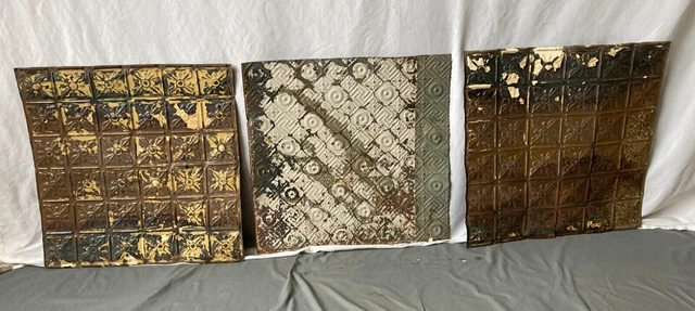 Lot of 3 Antique Tin Ceiling  2' x 2' Shabby Tile 24" SQ Chic VTG Crafts 70-23A
