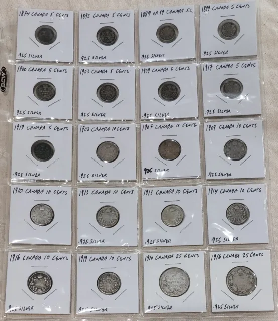 1874-1919 CANADA Junk  Silver ALL Sterling 20 Coin Lot 5c 10c 25c VeryCirculated