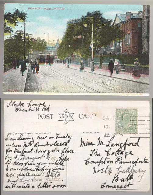 Newport Road Trams, Cardiff Glamorgan Wales Postcard