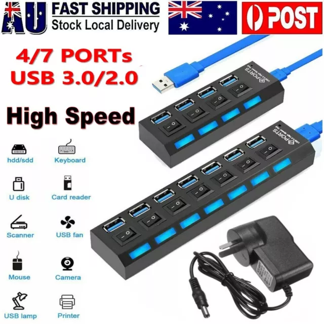 USB 3.0 2.0 High Speed Hub 4/7 Port Powered Splitter ON/OFF Switch Power Adapter