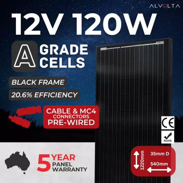 Alvolta Eclipse Full Black 12V 120W Mono Solar Panel - 1220 X 540 X 35Mm