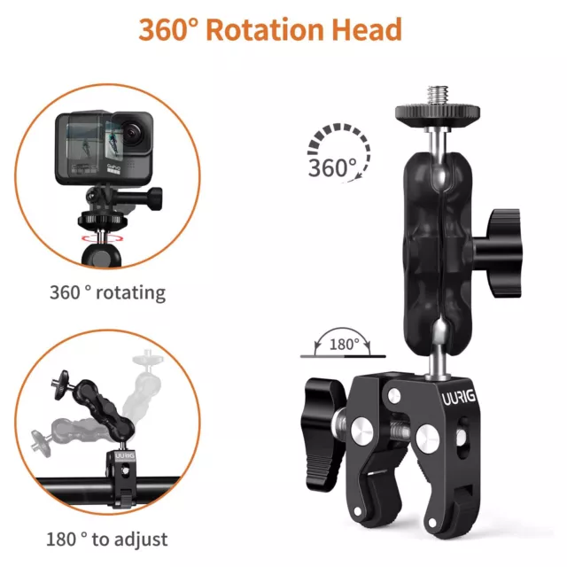 UURIG BH-09 Super Clamp Magic Arm Double Ball Head Camera Clamp Mount For GoPro